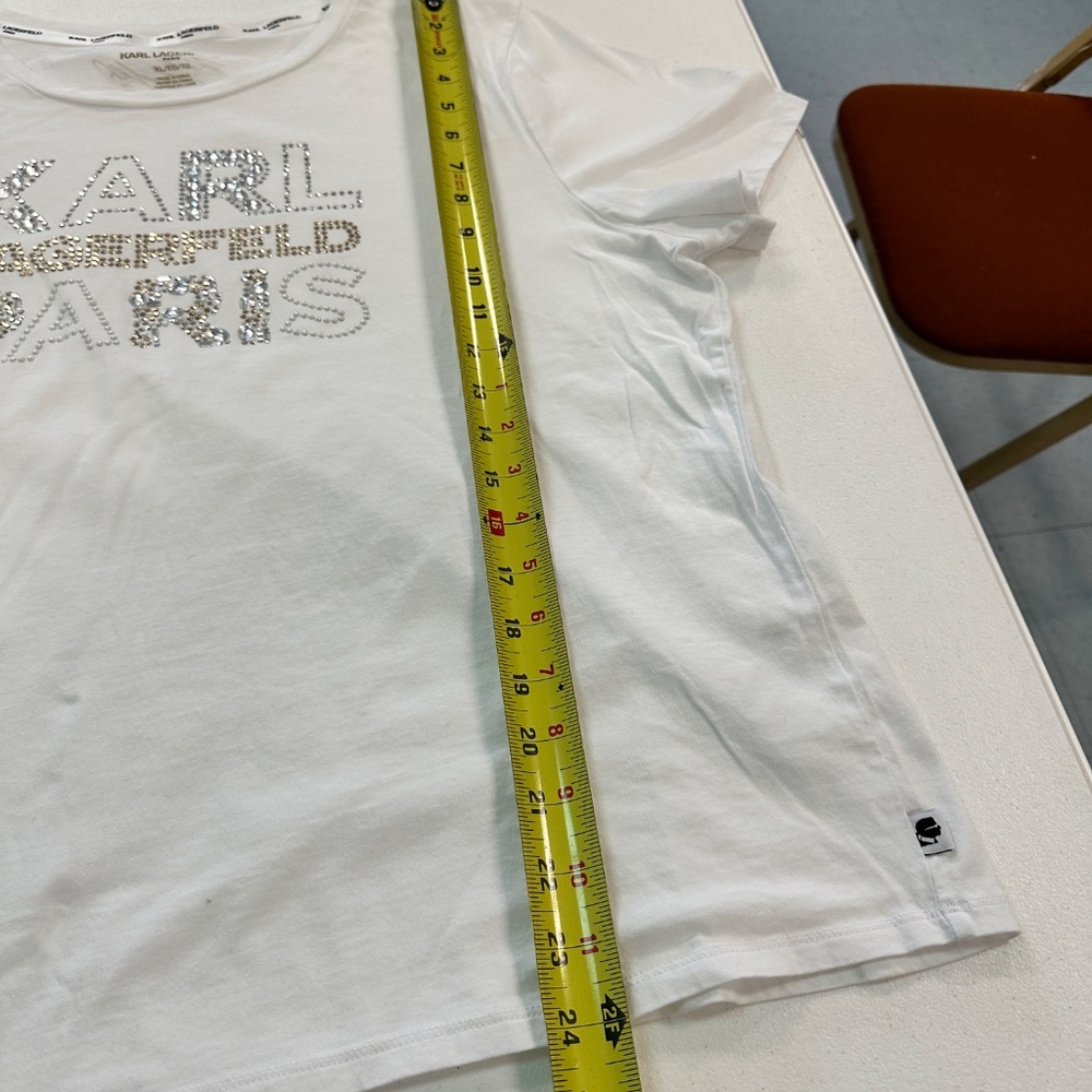 Karl Lagerfeld Paris White T-Shirt Women's Size XL Rhinestone Bling - Picture 12 of 12